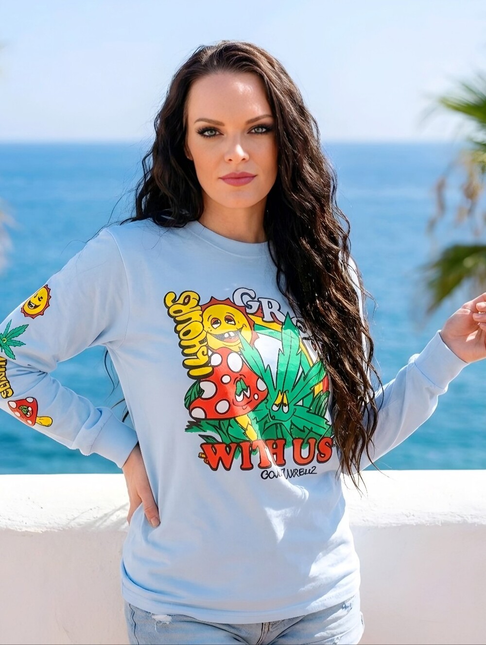 No Hours ✦ Mushroom Graphic Long Sleeve Tee ✦ Light Blue Crew Neck Skate Core S